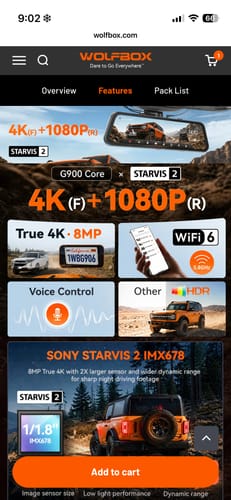 Customer's WOLFBOX G900 Core dash cam feature overview page showing camera views, voice control, and sensor specs