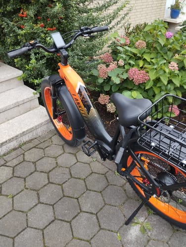 Customer's orange and black Lankeleisi MG600 Plus fat bike parked on a stone patio near garden bushes.