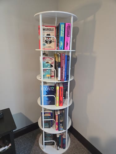 Customer photo review of Flycity 3-5 Tier Spinning Bookcase for Space-Saving Home & Corner Storage
