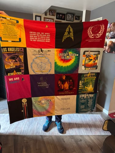 Customer's Project Repat T-Shirt Quilt featuring various Star Trek-themed shirt patches in a grid layout.