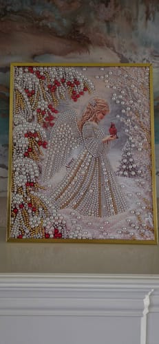 Customer's Personalized 3D Pearl Art DIY Kit displayed in a gold frame, featuring an angel illustration with white beads
