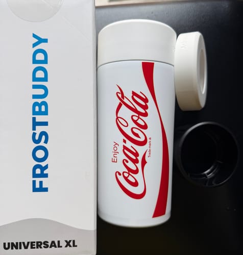 Customer's Universal XL Coca-Cola tumbler next to its branded Frost Buddy packaging box