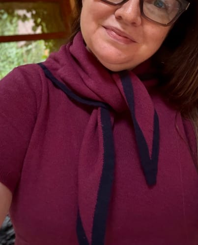 Customer photo review of Brand New Mulberry and Navy Recycled Cashmere Triangle Scarf