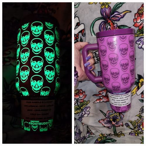 Customer's Thicc Buddy mug, showing skull pattern glowing in the dark next to the same mug in purple light.