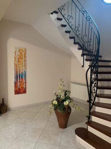 Reviewer's Anime in Danza painting hanging on a wall in a bright home entryway.