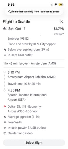 Customer's irrelevant screenshot showing flight details for a trip to Seattle.