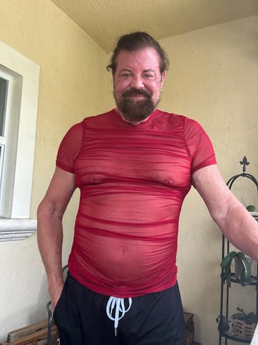 Customer photo review of Men's Sexy Clubwear Mesh Sheer Striated Hollow Out Short Sleeve T-shirt SKUL63639