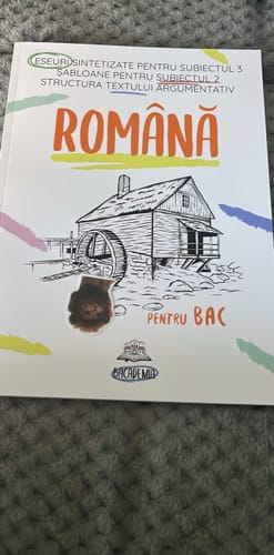 Reviewer's Carte Română Bacalaureat Bacademia Ediția II, o carte albă cu ilustrația unei mori de apă, pe un fundal gri.