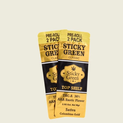 Customer's two Sticky Green Colombian Gold Sativa pre-roll packages side by side.