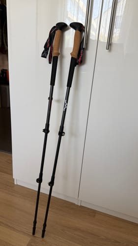Customer's pair of black Teleskop Wanderstöcke leaning against a white cabinet.
