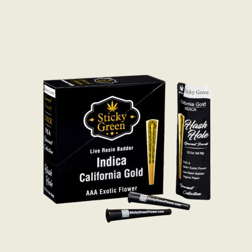 Customer's California Gold Hash Hole Pre Rolls packaging featuring a black box, a pouch, and two pre-roll tubes.