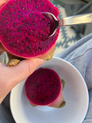 Kundenfoto einer halbierten, leuchtend roten Drachenfrucht mit einem Löffel und einer weiteren Hälfte in einer weißen Schale.
