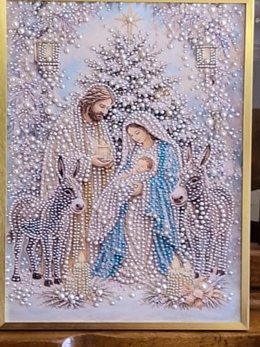 Customer's completed Personalized 3D Pearl Art DIY Kit featuring a textured Nativity scene in a gold frame.