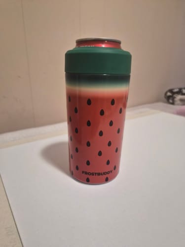 Customer's Universal Buddy in watermelon print with a beverage can inside, sitting on a white surface.