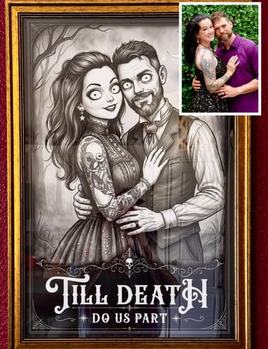 Customer's Till Death Do Us Part personalized poster in a frame, with the original couple photo inset.