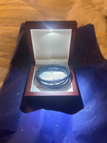 Customer's To My Daughter Braided Bracelet Gift Set inside a lit mahogany style display box.