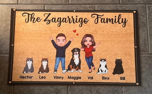 Customer's personalized doormat featuring a cartoon family of two people, a dog, and four cats with their names listed.