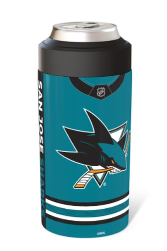 Customer's San Jose Sharks Universal Buddy can cooler featuring a teal jersey design and shark team logo.