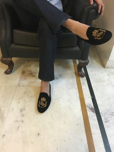 Customer photo review of Black Albert Velvet Slippers with Signature Embroidery