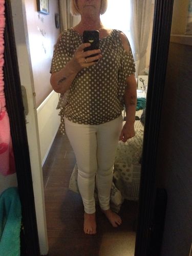 Customer photo review of Jacinta Taupe Polka Dot Cold Shoulder Top