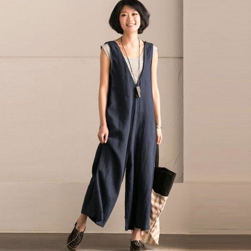 Customer photo review of Women Solid Casual Loose Strap Wide Leg Blue Pants