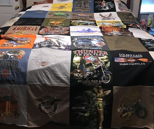 T-shirt quilt with motorcycles, biking themes by Richard from FL