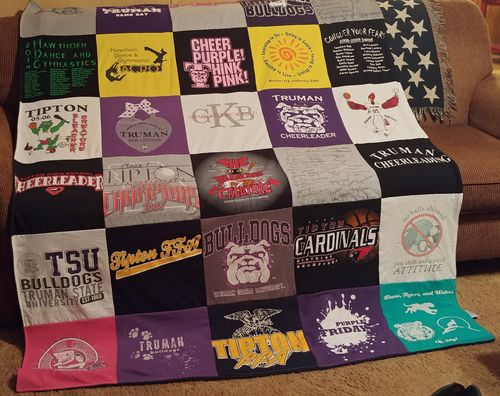 T-shirt quilt featuring tipton high school, truman state university cheerleading team by Jill from MO