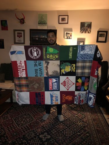 T-shirt quilt with music, travel themes by Donna from NY