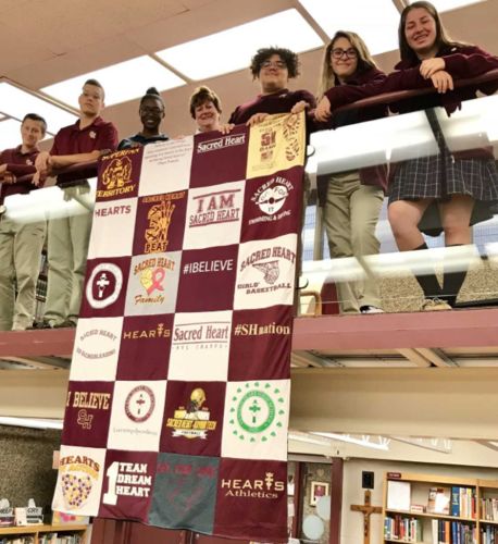 T-shirt quilt featuring sacred heart basketball by Sherrie from CT