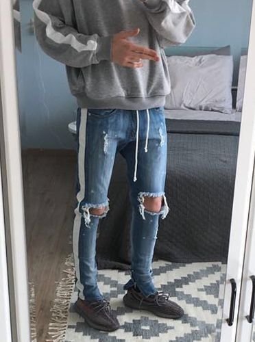 distressed track denim jeans