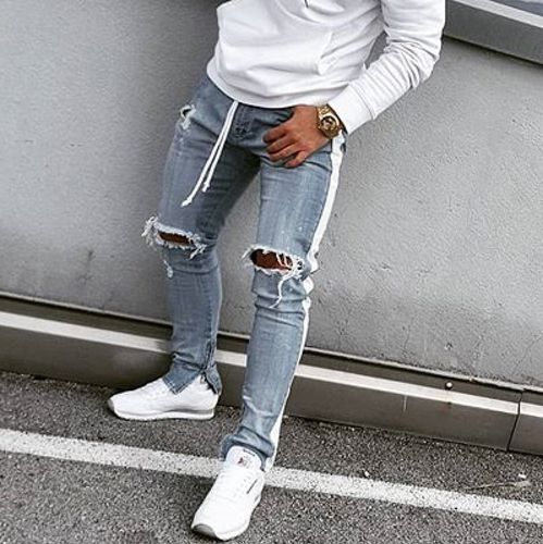 distressed track denim jeans