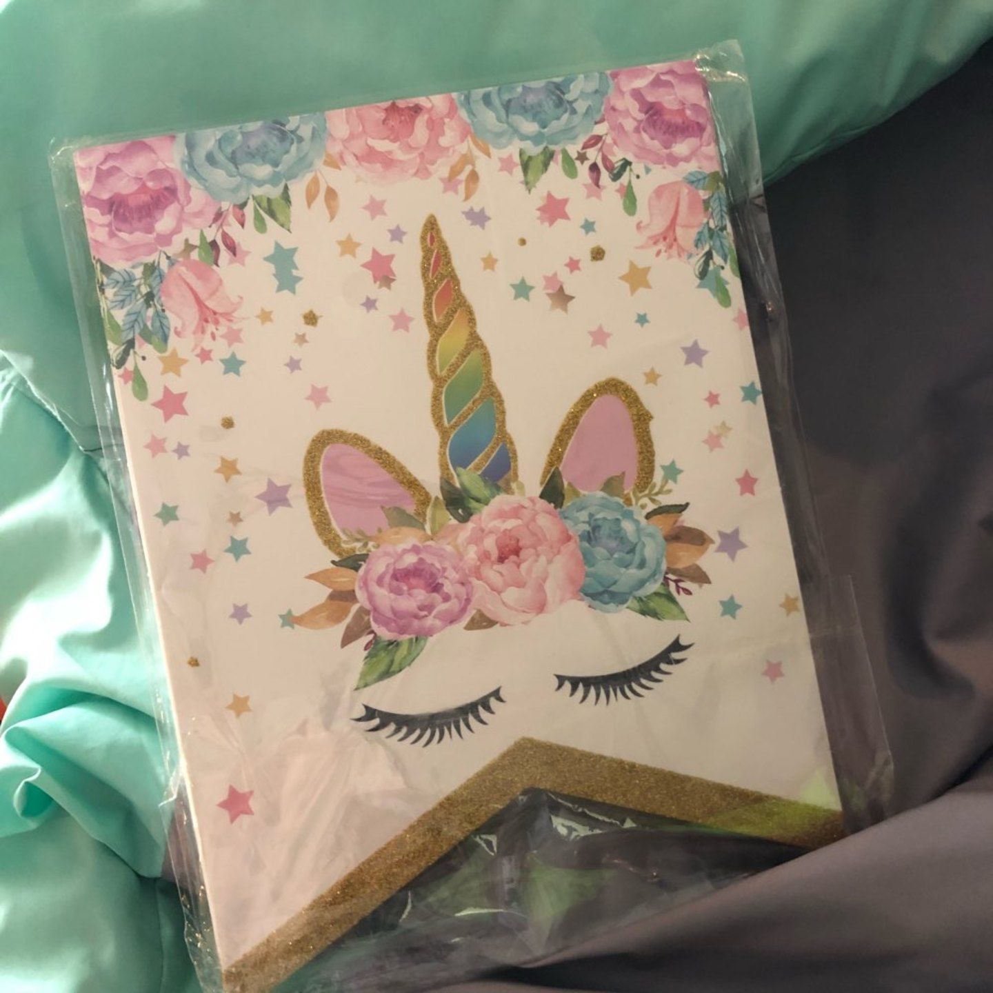 Customer photo review of Pastel Unicorn Happy Birthday Flag Banner with Gold Glitter Tips