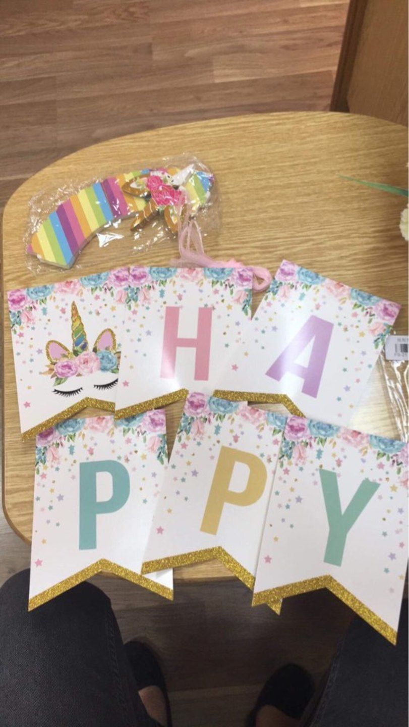 Customer photo review of Pastel Unicorn Happy Birthday Flag Banner with Gold Glitter Tips