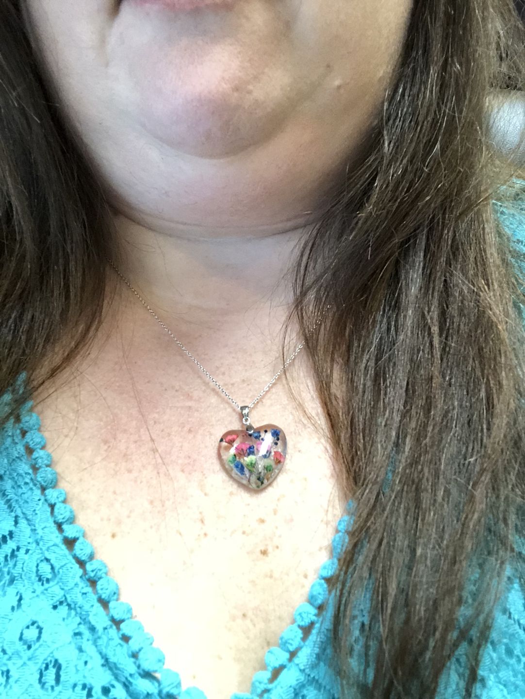 Customer photo review of Flower Heart Necklace with Real Flower and Cremains
