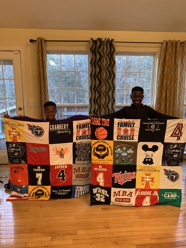 T-shirt quilt with basketball, football themes by Yvette from TN