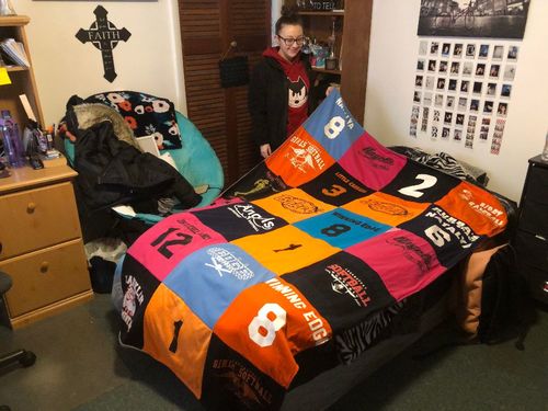 T-shirt quilt with sports, outdoor activities themes by Rita from IN