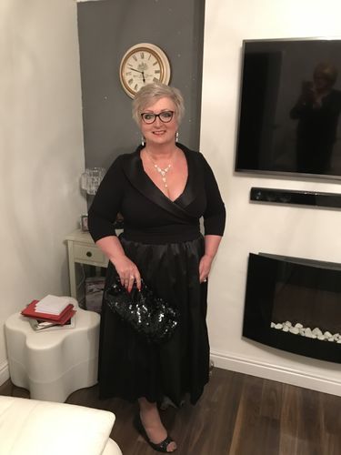 Customer photo review of The Olivia Plum Satin Tuxedo Prom Dress