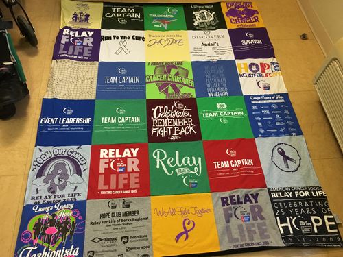 T-shirt quilt with cancer awareness, community service themes by Christina from PA