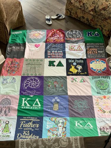 T-shirt quilt with sorority life, sisterhood activities themes by Cara from PA