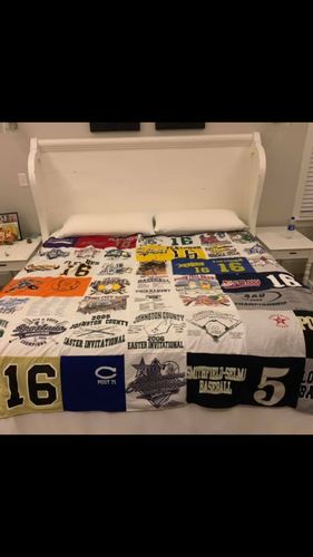 T-shirt quilt with sports, youth sports themes by Dianne from NC