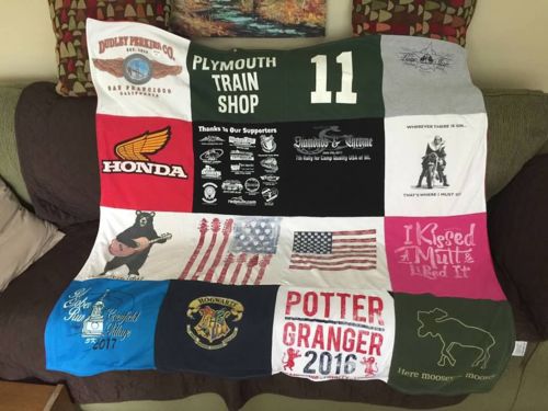 T-shirt quilt with trains, automobiles themes by Catherine from MI