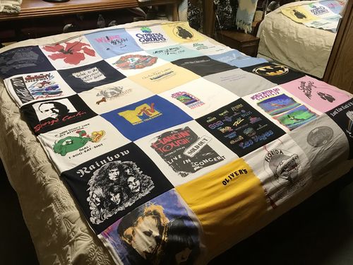 T-shirt quilt with music, concerts themes by Holly from MI