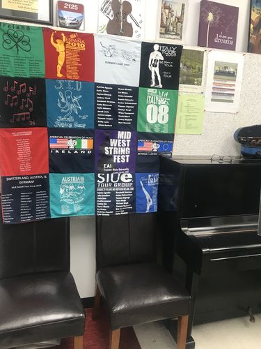 T-shirt quilt with music, travel themes by Allison from MO