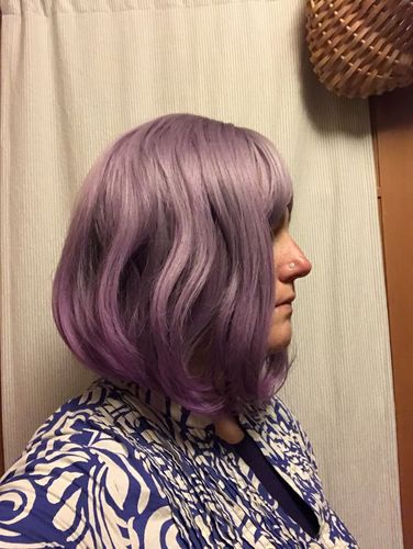 Women Ombre Fading Purple Gray Bob Bangs Curls End Straight Hair