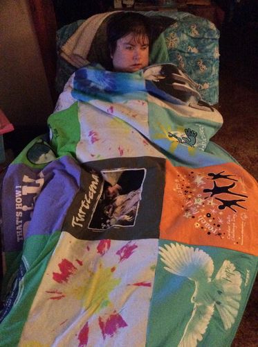 T-shirt quilt with music, art themes by Sue from IA