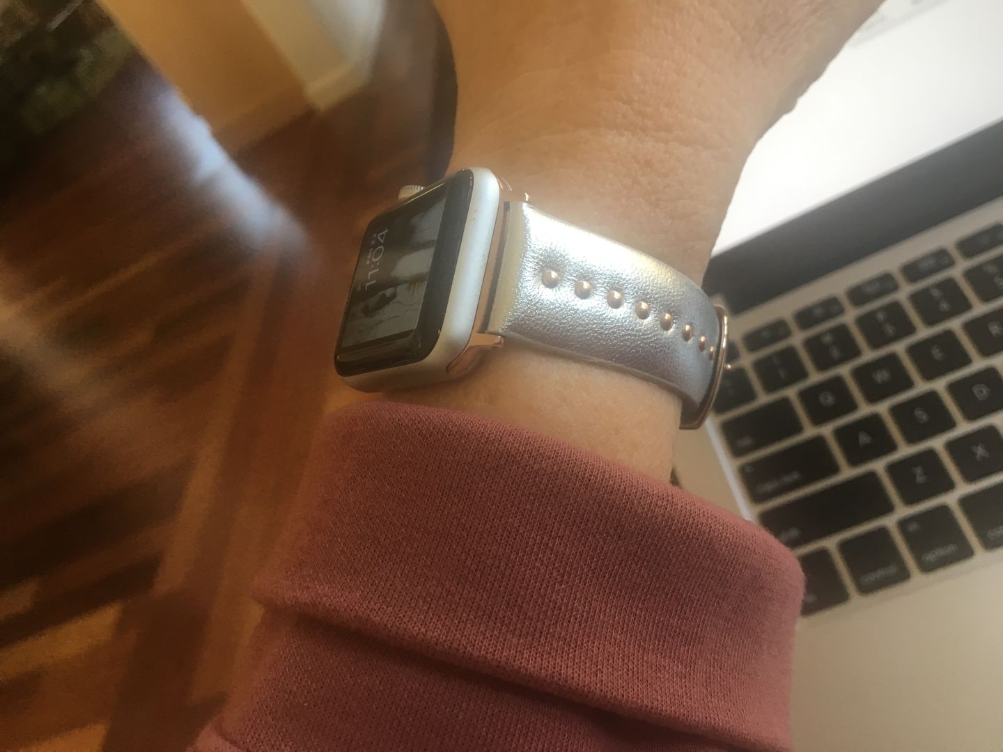 Customer photo review of Metallic Silver Stud Band for the Apple Watch in Rose Gold