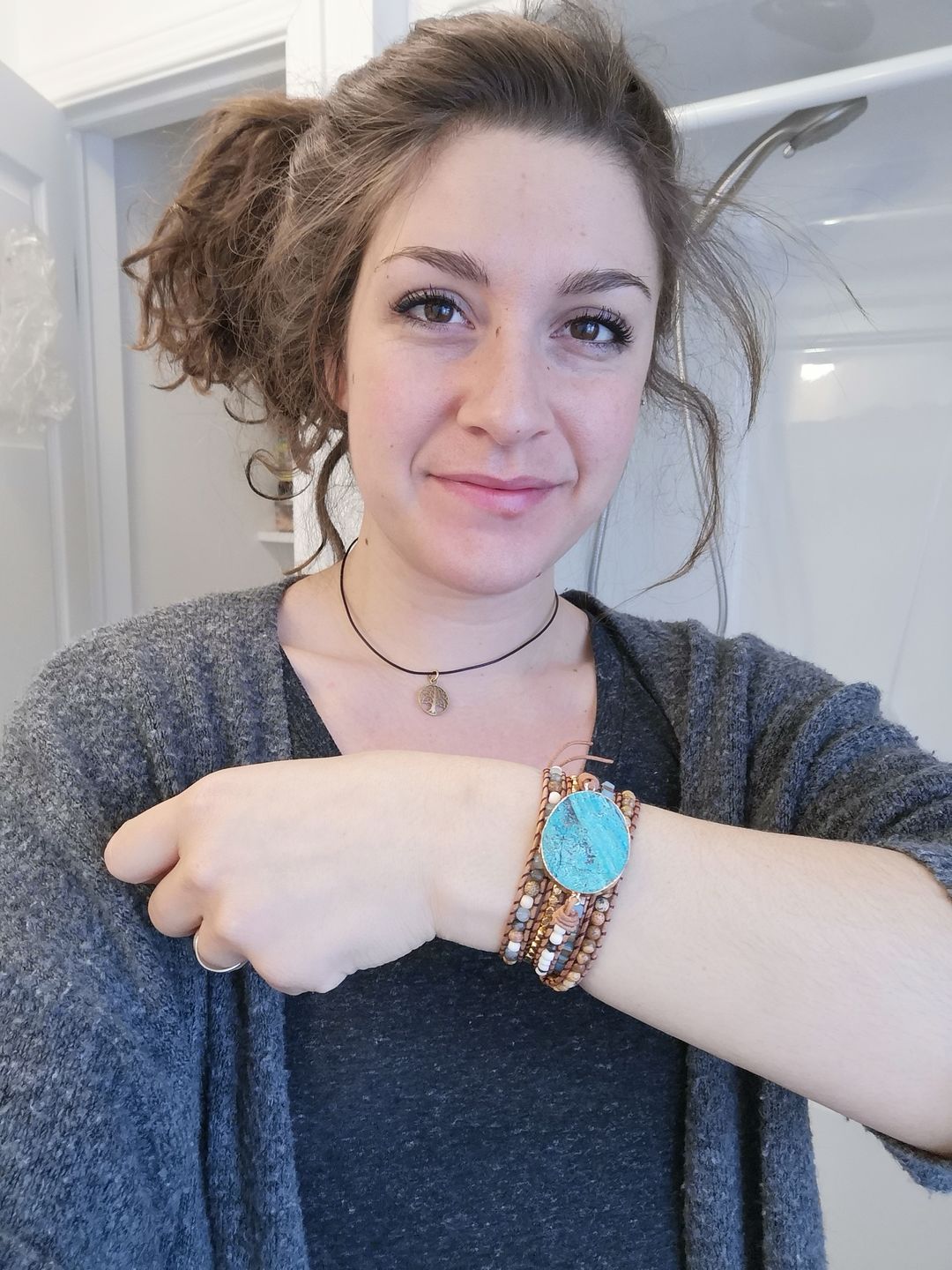 Customer photo review of Handmade Natural Ocean Jasper Leather Wrap Bracelet
