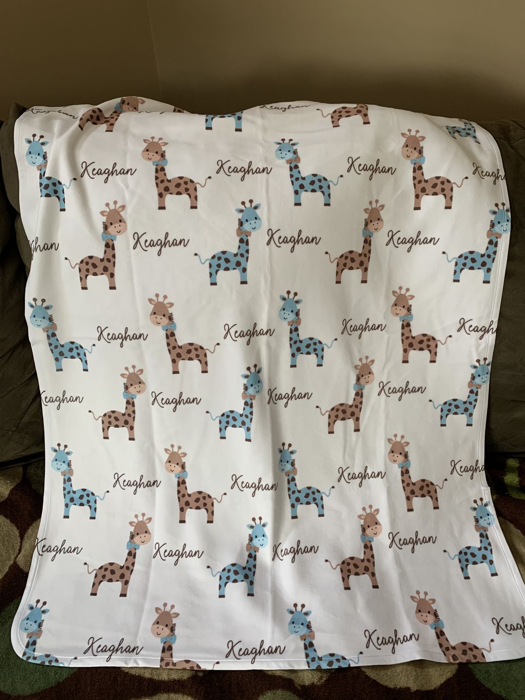 Customer photo review of Giraffe Fleece Personalized Baby Boy Blanket