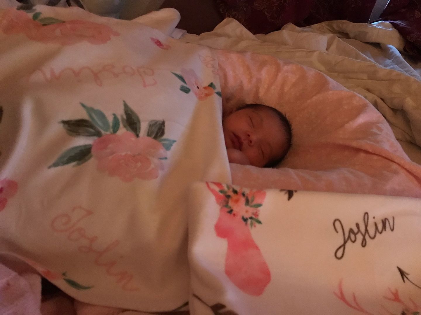Customer photo review of Personalized Baby Girl Name Blanket, Light coral and pink floral