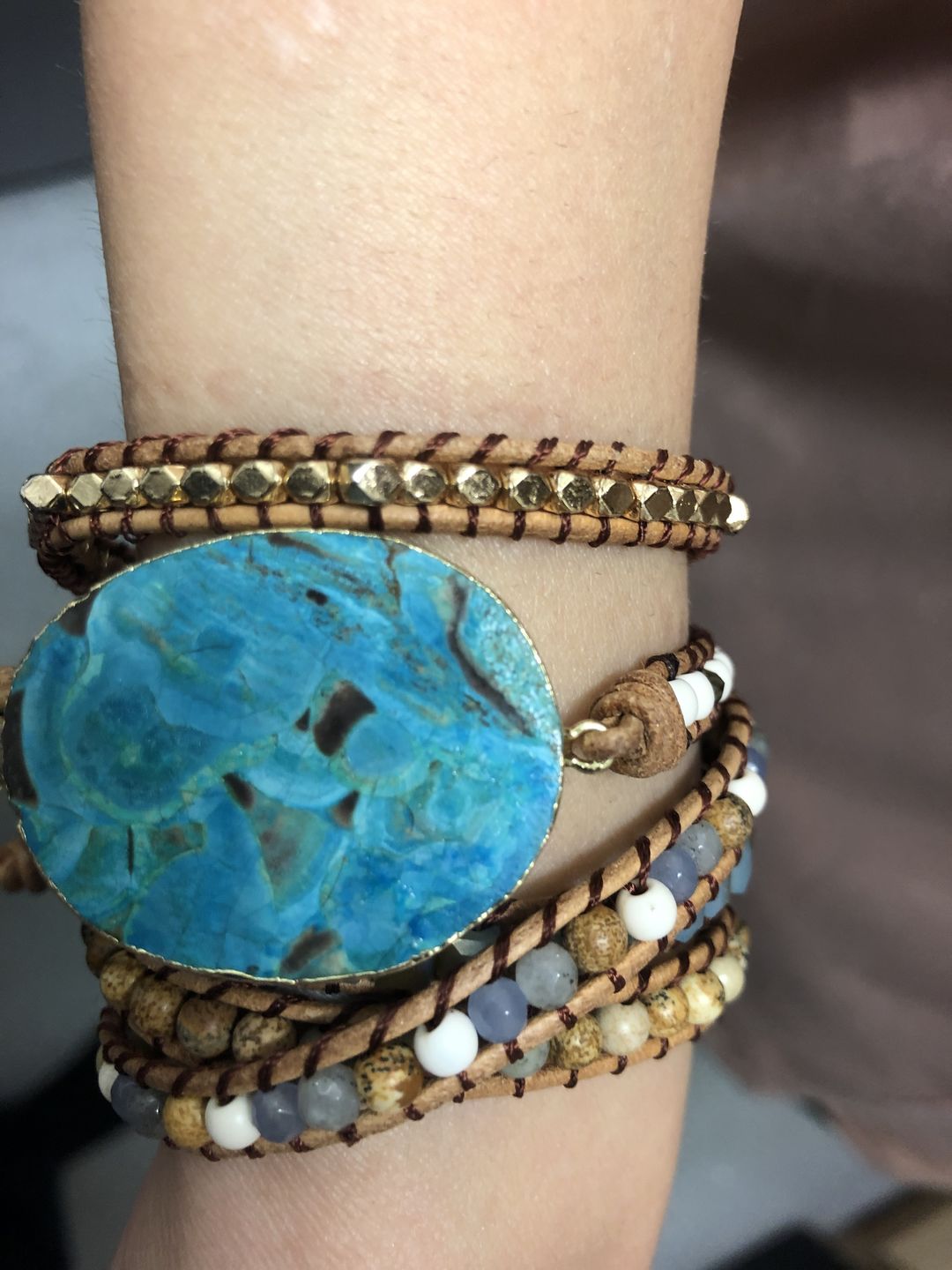 Customer photo review of Handmade Natural Ocean Jasper Leather Wrap Bracelet
